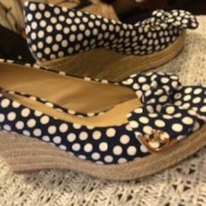 Tory Burch Shoes | *Rare* Tory Burch Peep Toe Wedge, Blue & White Dot